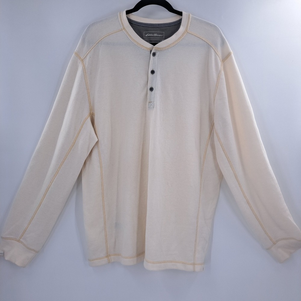 Eddie Bauer Gorpcore Waffle Knit Henley Mens XL Cream Outdoorsy Cabin Rugged - Picture 2 of 10
